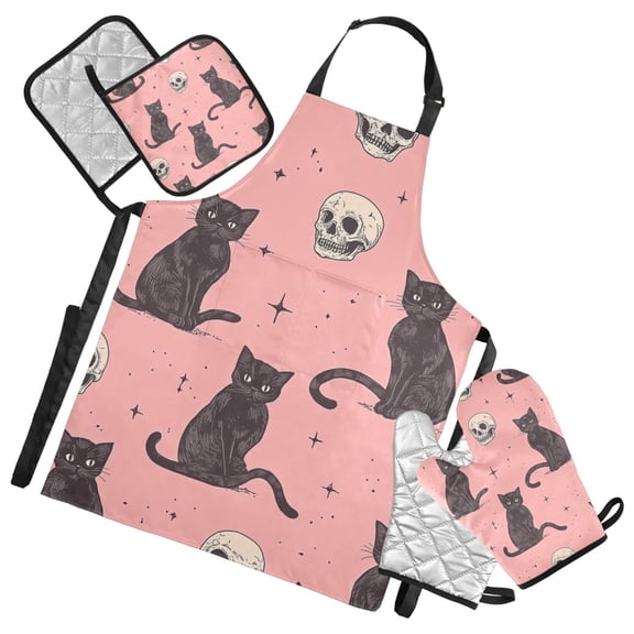 Black Cats Skulls Stars Apron Set with Oven Mitts Pot Holders Set of 5 Kitchen Stuff Accessories