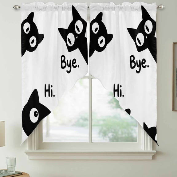 Black Cats Swag Kitchen Curtain Valances, Modern Cute Funny Cat Say Hi Bye Animals Rod Pocket Curtains Window Treatment Decor Valances for Bedroom Bathroom, 2 Panels 36 x 63 Inch