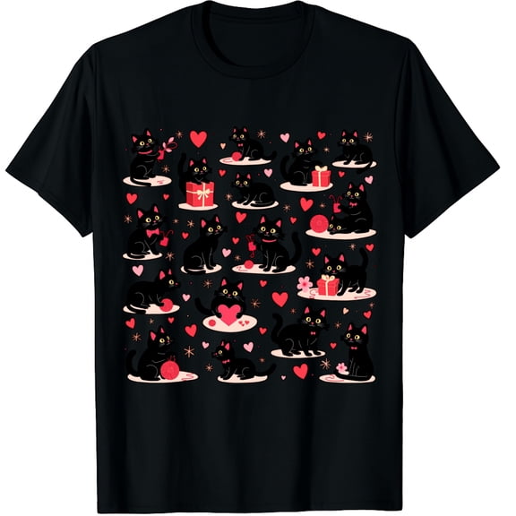 Black Cats Valentine Graphic Crew Neck Short Sleeve T-Shirts (Men's, Women's)
