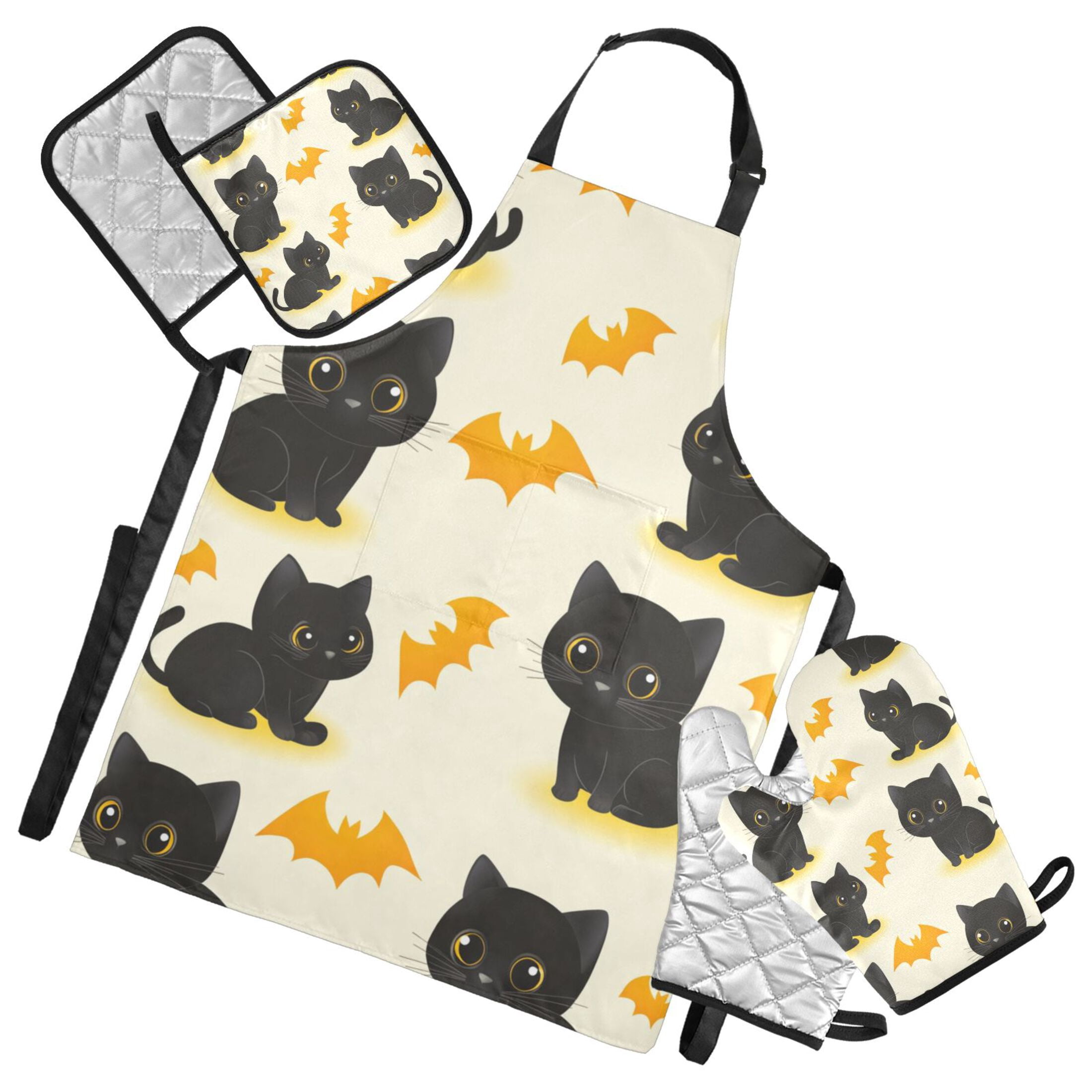 Black Cats and Bats Oven Mitts and Pot Holders with Chef Apron Set 5 ...