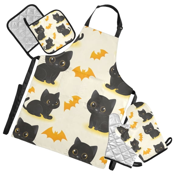 Black Cats and Bats Oven Mitts and Pot Holders with Chef Apron Set 5 Pcs Kitchen Cooking Set