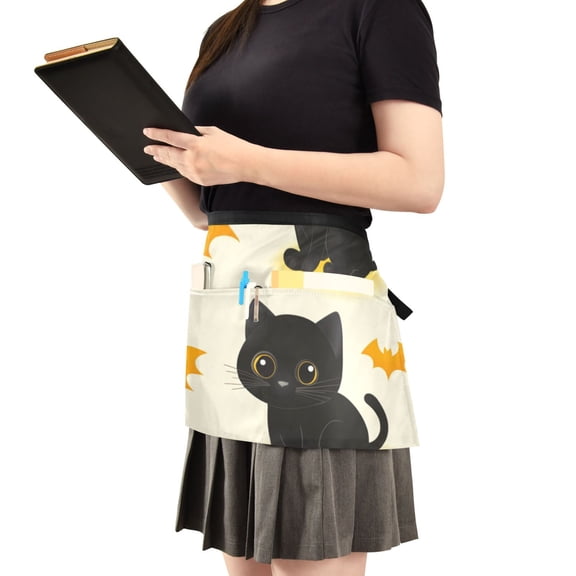 Black Cats and Bats Server Apron with 3 Pockets Waist Apron for Waiter Waitress