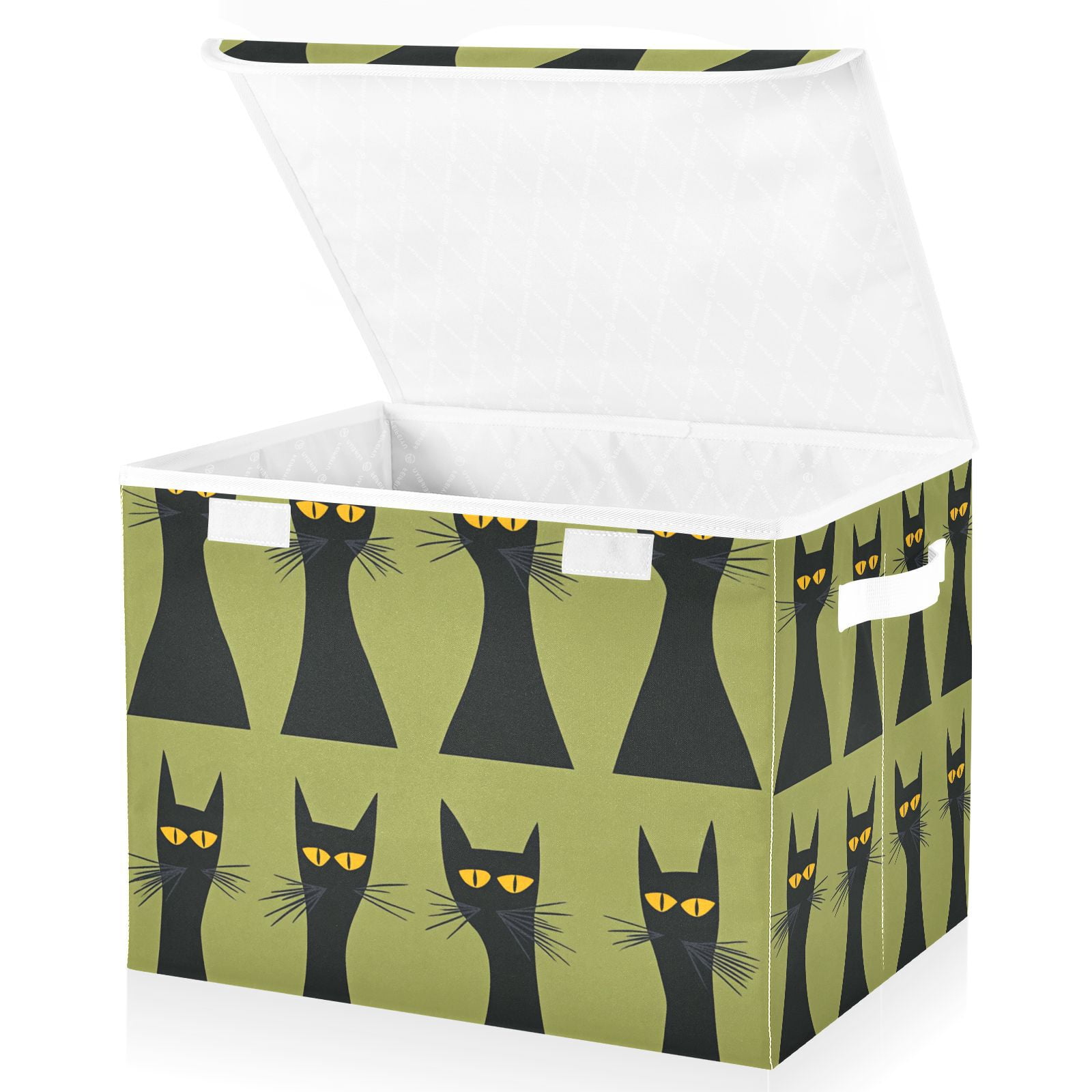 Black Cats and Green Storage Basket for Shelves Foldable Container Organizer for Organizing Toys Clothes Books with Handles