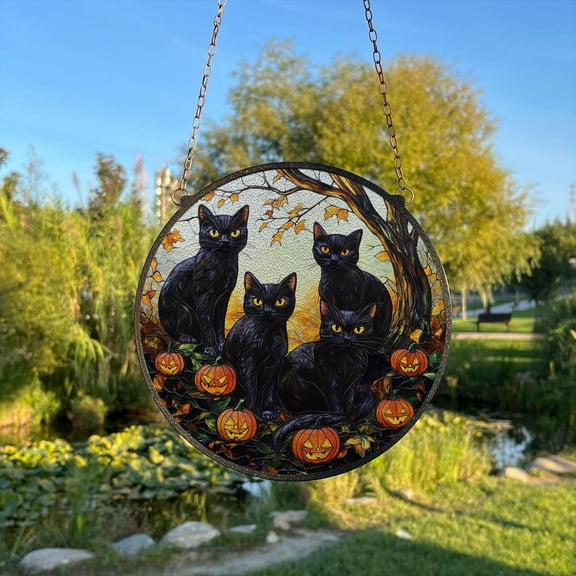 Black Cats and Pumpkins Painted Stained Glass Suncatcher, Window Hanging Decor, Outdoor Sun Catcher, Halloween Decor