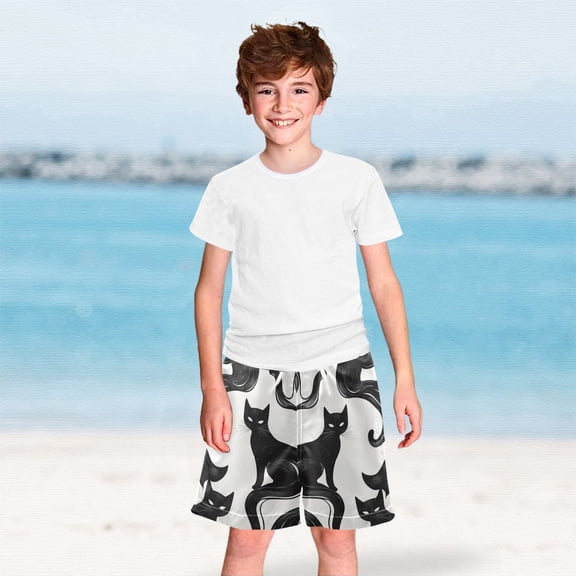 Black Cats in White Boys Swim Trunks Boardshorts Swimsuit Quick Dry Board Shorts Bathing Suit 2-12T