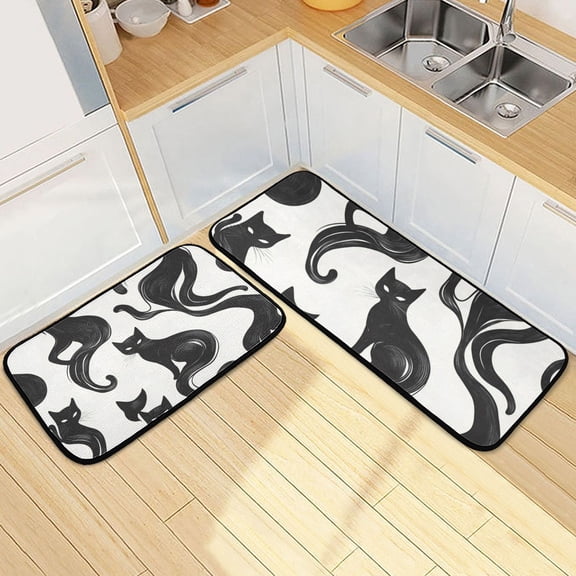 Black Cats in White Kitchen Mats Non Slip Standing Desk Mat Runner Rug Washable Kitchen Rugs for Floor 2PCS