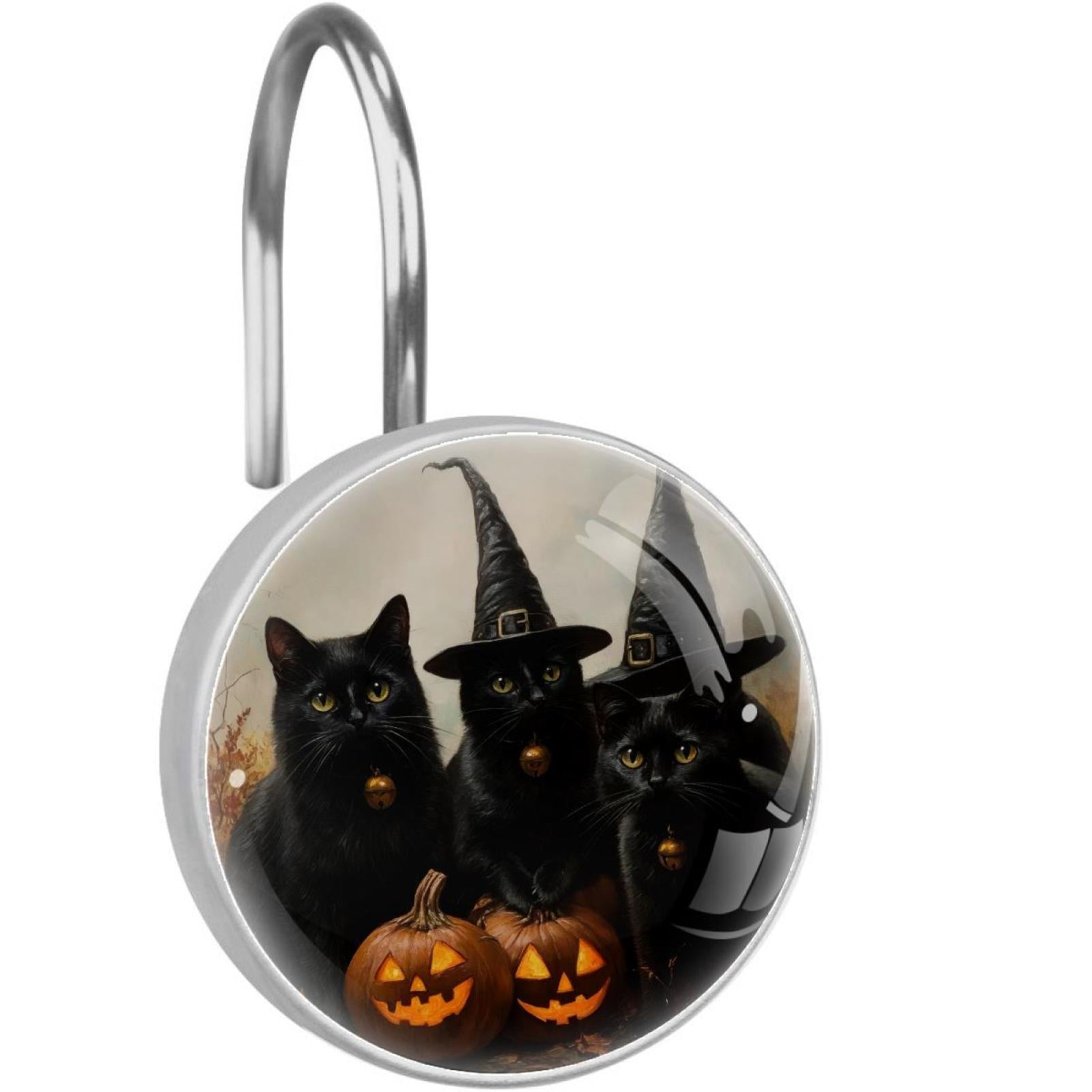 Black Cats in Witch Hats Pumpkin Shower Curtain Hooks Round Crystal Glass, Set of 12 Shower Curtain Rings - Shower Hooks for Curtain Shower Rings