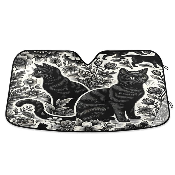 Black Cats with Flowers Car Windshield Sun Shade Foldable Car Front Window Visor Heat and UV Protection 55x27.6
