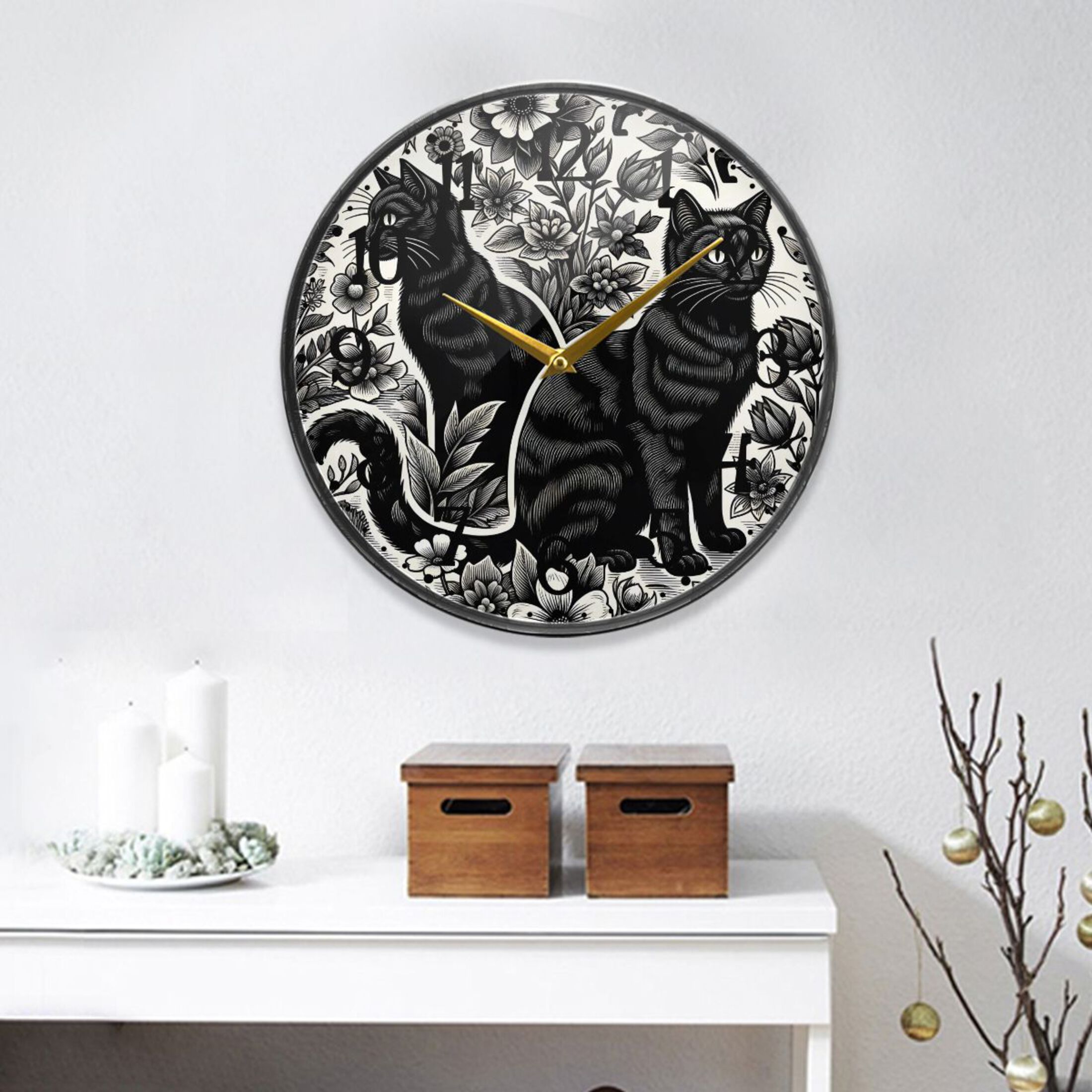 Black Cats with Flowers Round Wall Clock 12 Inch Non-Ticking Silent ...