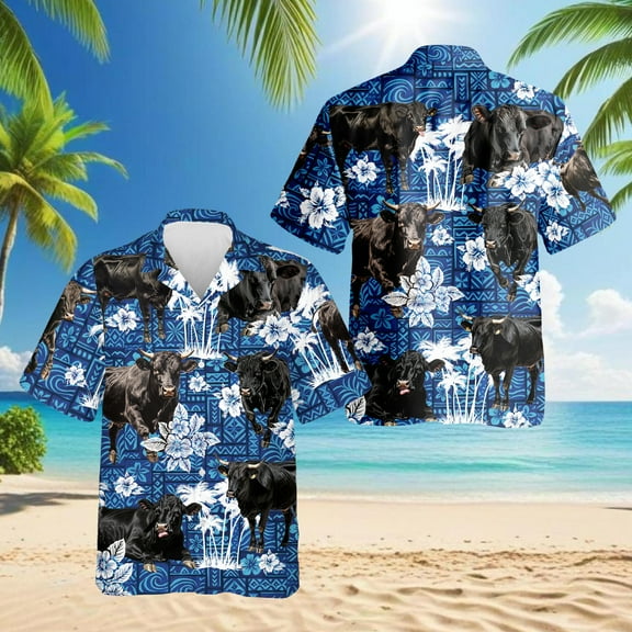 Black Cattle Hawaiian Shirt for Men, Tropical Style, Button Down Summer Beach Short Sleeve, S-5XL