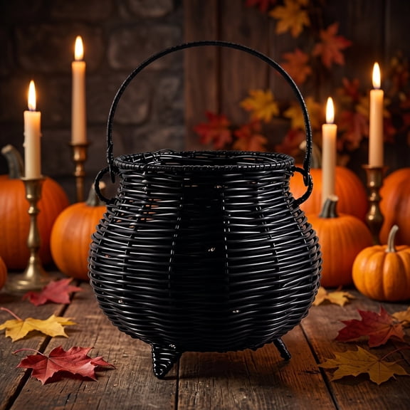 Black Cauldron Bucket Wicker Halloween Reusable Witch Candy Bowl, Large Witch Cauldron Pot Bucket for Halloween Decorations