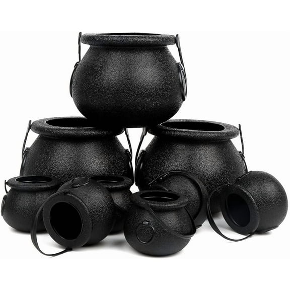 Black Cauldron with Handle, 4Inch Plastic Candy Kettle Bucket for St.Patrick's Day, Candy Holders for Halloween Witch Party Favor Decor,Pack of 9