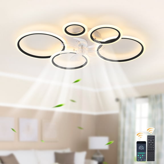 Garwarm 39 in Black Geometric Ceiling Fan with Lights and Remote, Modern Low Profile Flush Mount LED Ceiling Fan, Dimmable 6 Speed Reversible Fan Light for Bedroom Living Room