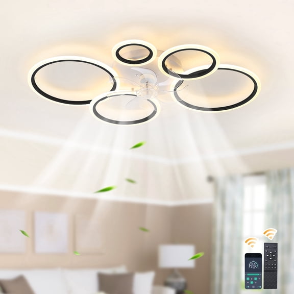 Garwarm 39 in Black Geometric Ceiling Fan with Lights and Remote, Modern Low Profile Flush Mount LED Ceiling Fan, Dimmable 6 Speed Reversible Fan Light for Bedroom Living Room