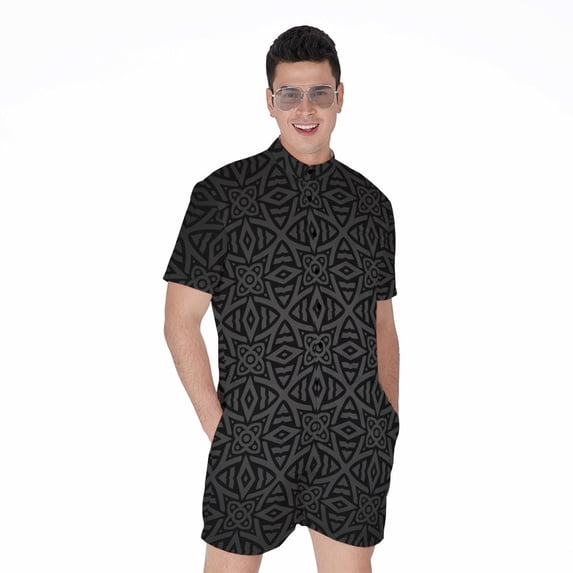 Black Celtic Symbol Pattern Short Sleeve Men'S Rompers, Irish St. Patrick'S Day Casual Summer Jumpsuits Outfit