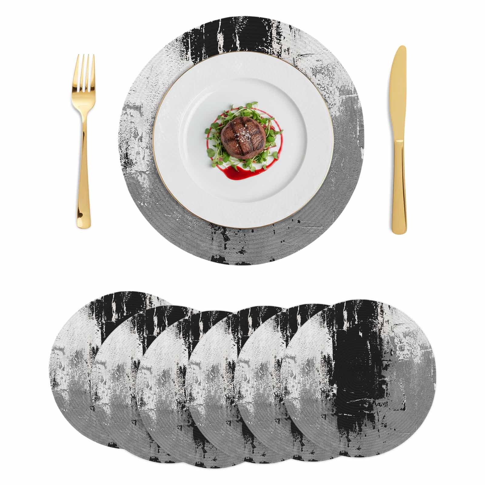 Black Cement Gray Round 15 Inch Placemats Set of 6, Modern Abstract Art Black HeatResistant Non Slip Place Mats for Dining Table, Wipeable Braided Kitchen Table Mats for Housewarming