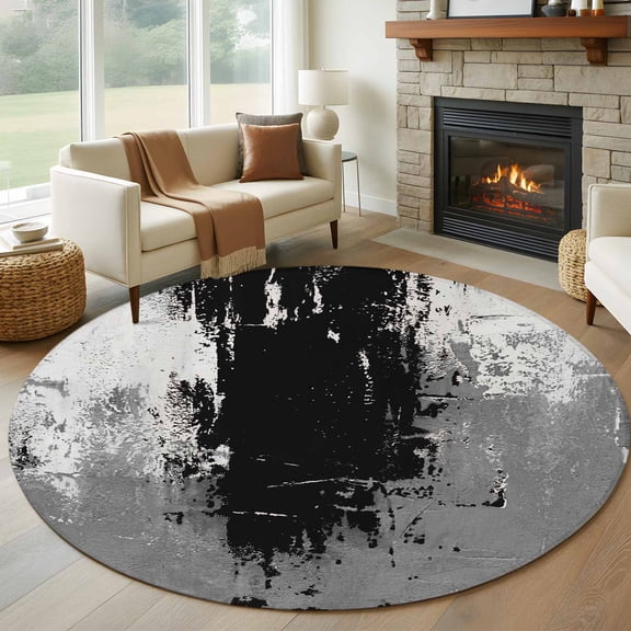 Black Cement Gray Round Area Rug 6Ft Washable Circle Rugs for Bathroom Office, Modern Abstract Art Black Non-Slip Carpet Floor Mats Indoor Outdoor Carpet Runner Aesthetic Home Decor