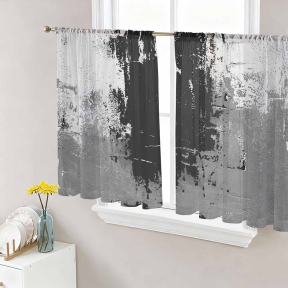 Black Cement Gray Sheer Curtains 45 Inch Length 2 Panels Set, Modern Abstract Art Black Voile Window Treatment Rod Pocket Small Kitchen Curtains Drapes for Bedroom 52"x45"x2