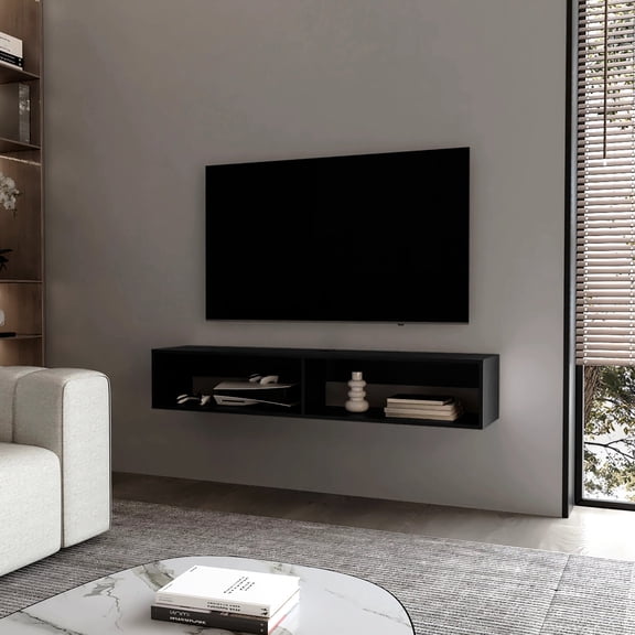 Black Central 2-Shelf Media Rack | Organizes Multimedia in Living Room, Modern Design | Melamine and Particle Board | Solves Clutter Issue