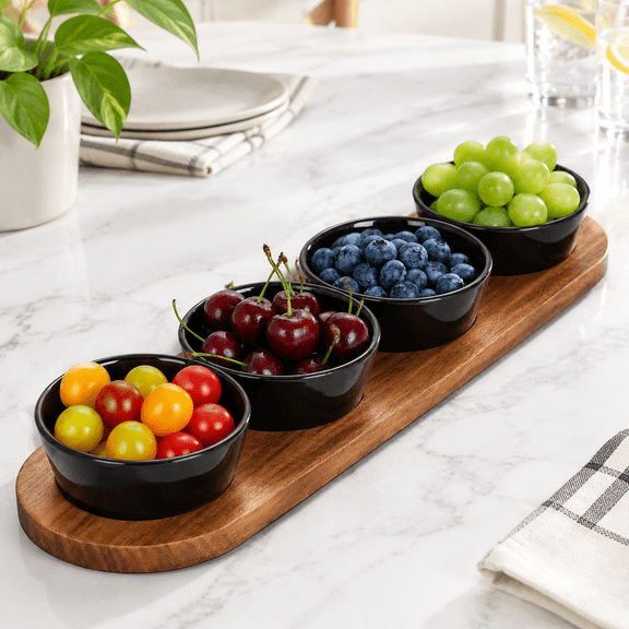 Black Ceramic 4-Piece Dip Serving Platter Set for Appetizers, Salsa, and Side Dishes