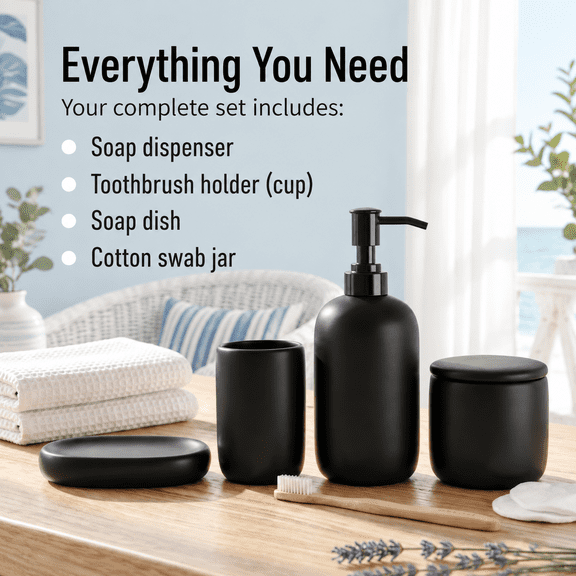 Black Ceramic 4-Piece Modern Minimalist Bathroom Accessory Set