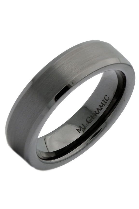 Black Ceramic 6mm Brushed Center Recessed Polished Edge Wedding Band Ring
