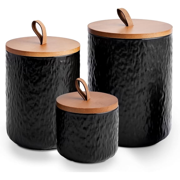 Black Ceramic Canister Set with Wooden Lid, 3-Piece Airtight Food Storage Jars for Kitchen Counter - Flour, Sugar, Coffee, Tea, Spice - Small, Medium, Large Sizes - Stone Texture