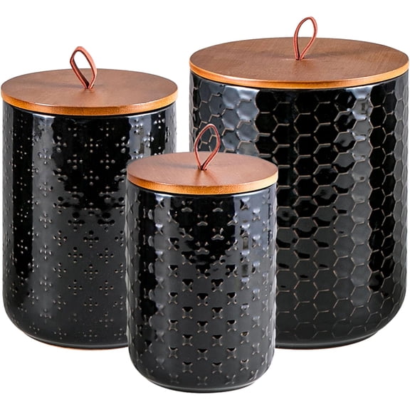 Black Ceramic Canister Set with Wooden Lids – 3-Piece Airtight Food Storage Jars for Kitchen, Embossed Design, Small/Medium/Large Sizes (30/48/82 oz) – Flour, Sugar, Coffee, Tea Containers