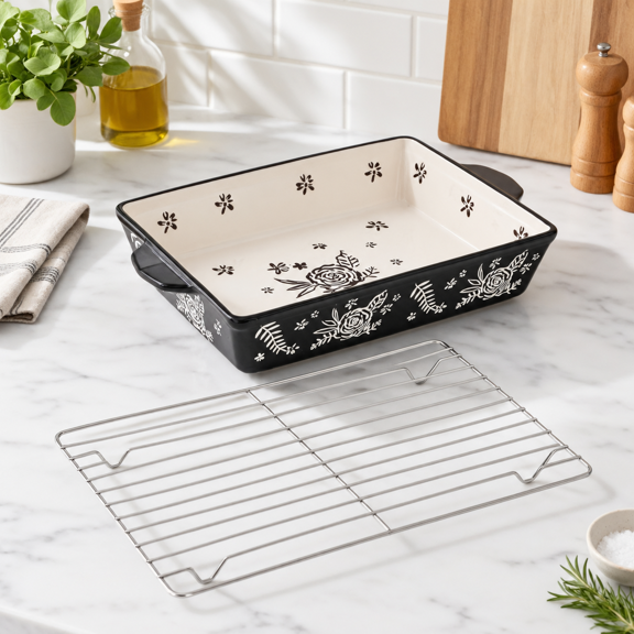 Black Ceramic Casserole Dish with Roasting Rack, 17.44 x 12.52 x 5.20 in