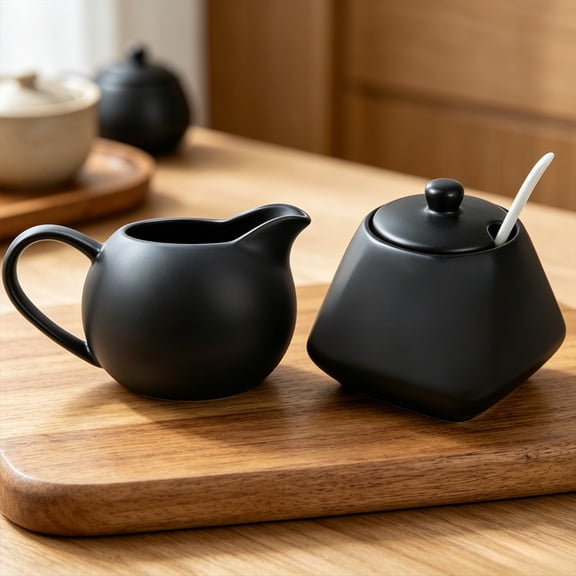 Black Ceramic Coffee Serving Set, Creamer Pitcher and Sugar Bowl Set