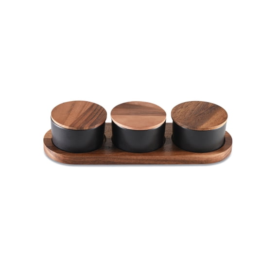 Kalmar Home LLC Black Ceramic Condiment Set on Acacia Wood Base