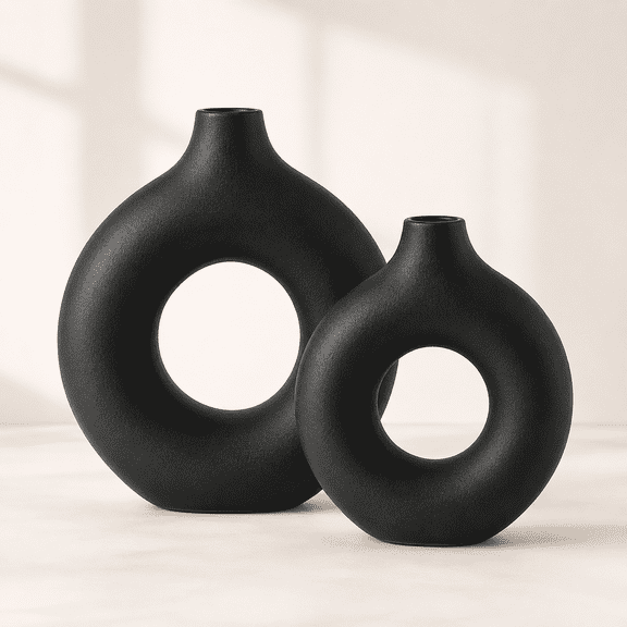 Black Ceramic Donut Vases, Modern Round Hollow Flower Vases for Living Room, Dining Table and Shelf Decor