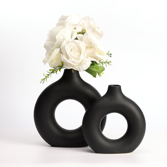 Black Ceramic Donut Vases Set of 2, Modern Farmhouse Home Decor Vases for Table, Mantel, Bookshelf, Boho Decorative Vases, Fireplace & Living Room Decor