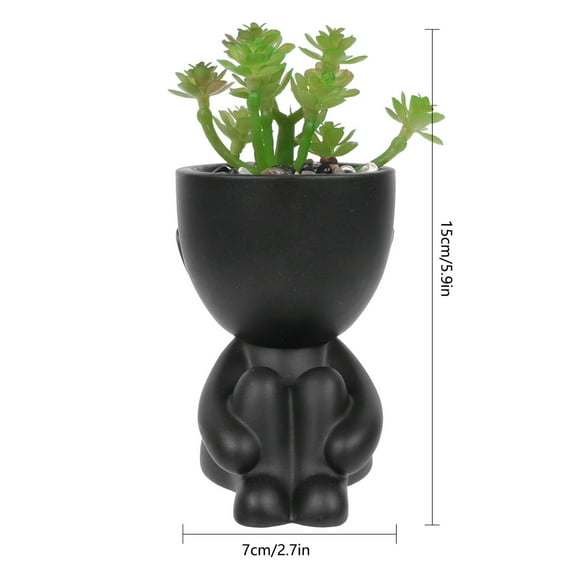 Black Ceramic Head Planter 7 Inch Face Flower Pot Cute Garden Pot for Succulent Cactus Herbs Plants with Drainage