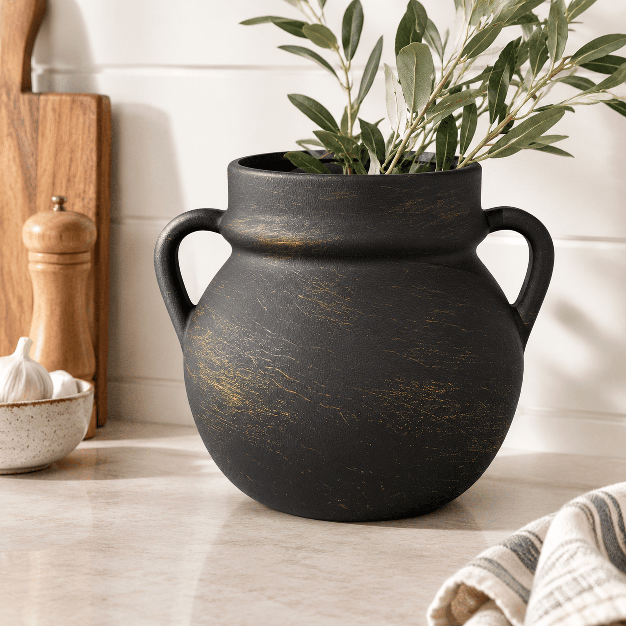 Black Ceramic Kitchen Utensil Crock Farmhouse Style Storage Holder ...