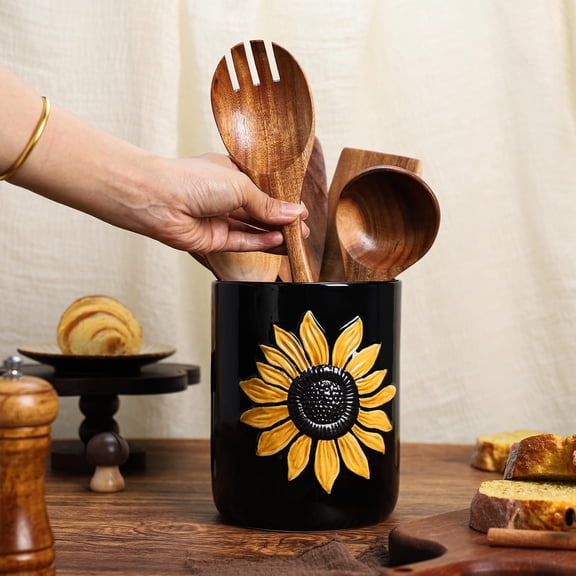 Black Ceramic Kitchen Utensil Holder, Large Sunflower Cooking Utensil Crocks for Kitchen Countertop, Ceramic Utensil Organizer for Spatula