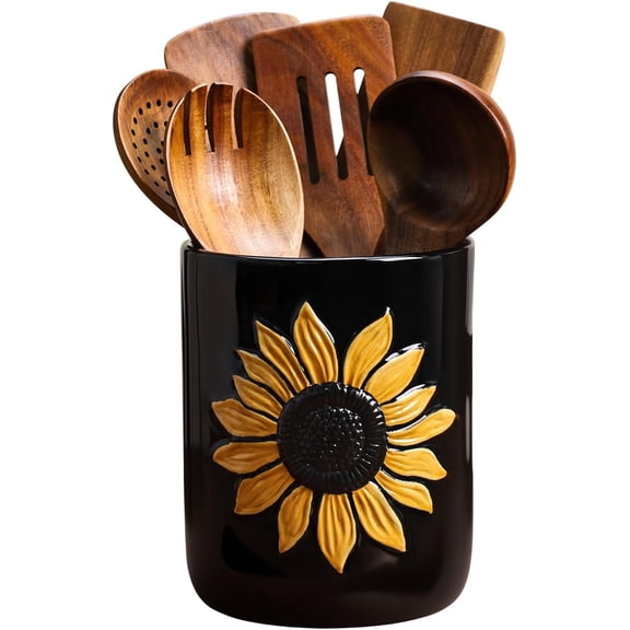 Black Ceramic Kitchen Utensil Holder, Large Sunflower Cooking Utensil Crocks for Kitchen Countertop, Ceramic Utensil Organizer for Spatula