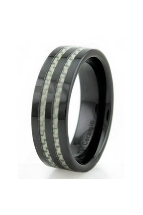 Black Ceramic Mens Ring with White Carbon Fiber Inlay - Size 12