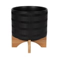 thumbnail image 1 of Black Ceramic Planter on Bamboo Stand Contemporary Embossed Tribal Design For Indoor or Outdoor Plants, Succulents,, 1 of 8