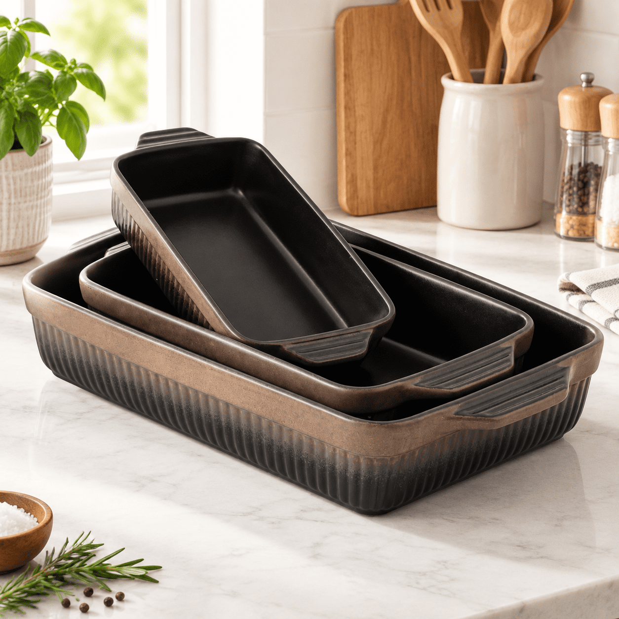 Black Ceramic Rectangular Baking Dishes Set of 3, 9x13 Inch Lasagna ...
