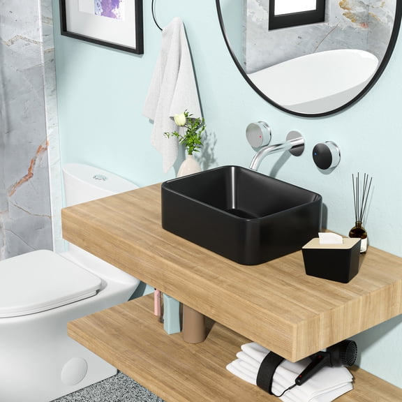 Black Ceramic Rectangular Bathroom Sink 16"x12". Modern European Inspired. Graceful Appearance, Low Water Absorption. Stain , Smooth Finish. Above Counter Installation. 1 3/4" Drain Hole. 16x12 Inch