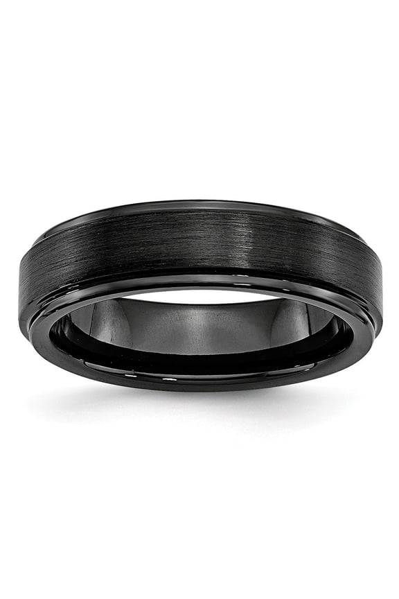 Black Ceramic Ridged Edge 6mm Brushed and Polished Band Ring - Size 13