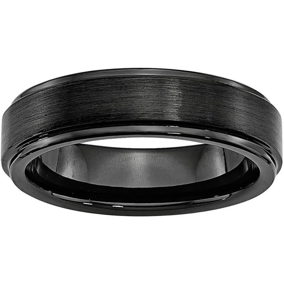 Black Ceramic Ridged Edge 6mm Brushed and Polished Band