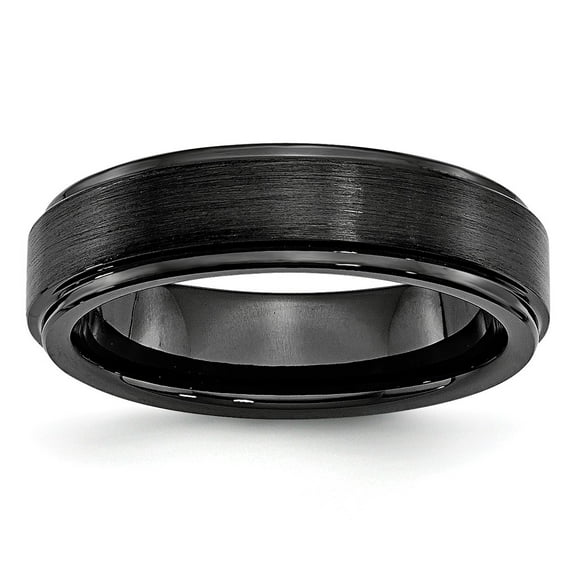 Black Ceramic Ring Band Wedding Ridged Standard Edge 6mm Brushed and Polished