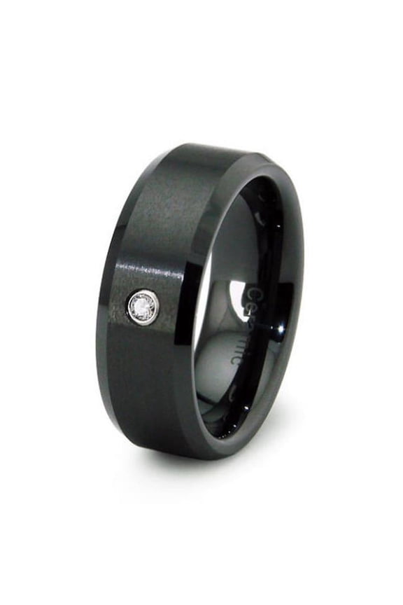 Black Ceramic Ring Beveled Edge with Diamond 0.04ctw - Size 10.5