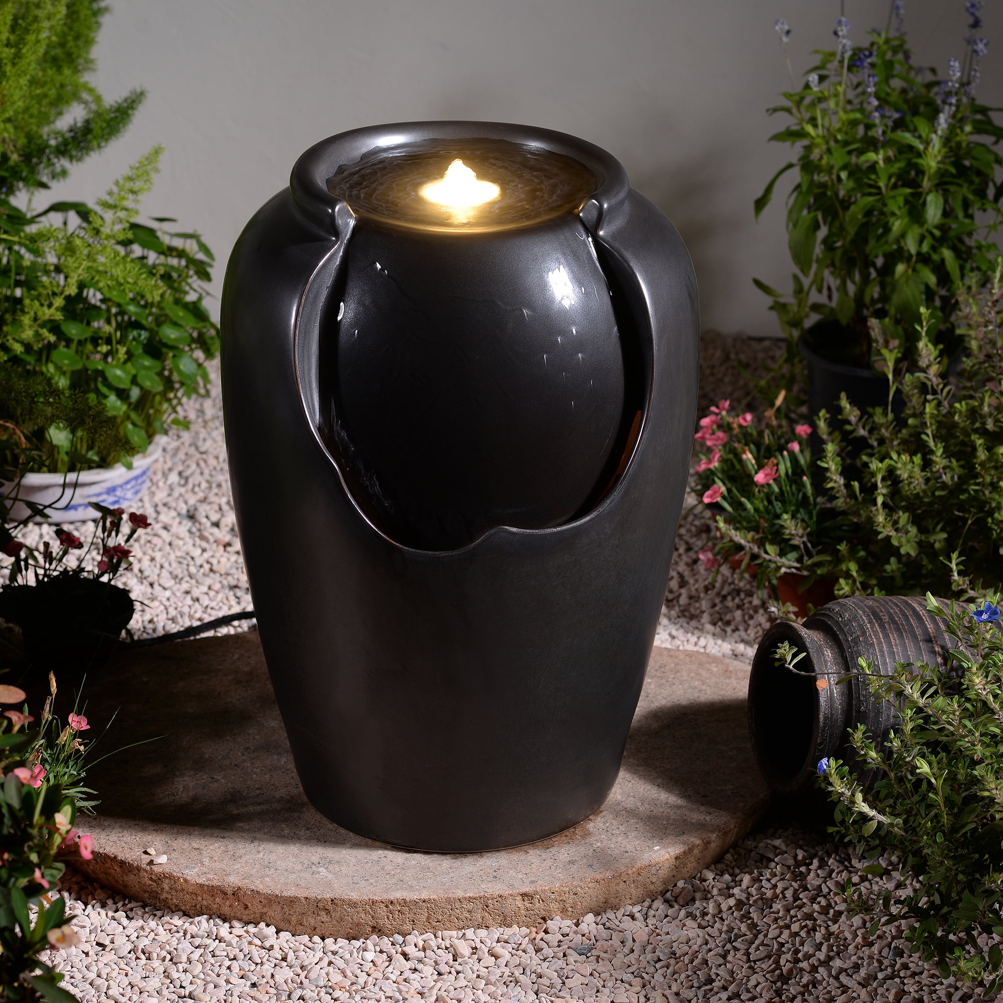 Black Ceramic Ripple Top Fountain, Decorative Water Fountain with LED Lights and Quiet Pump, Indoor Outdoor Water Feature for Patio, Garden, Deck, Balcony, Office and Home Décor
