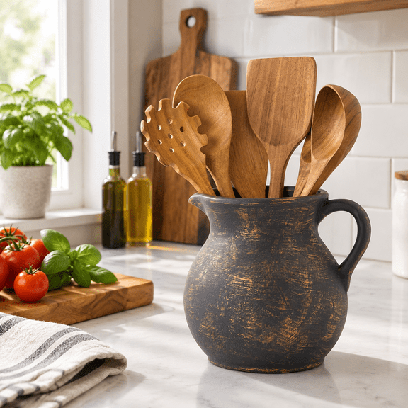 Black Ceramic Rustic Farmhouse Kitchen Utensil Holder, 9.84 x 7.99 x 7.95 Inches