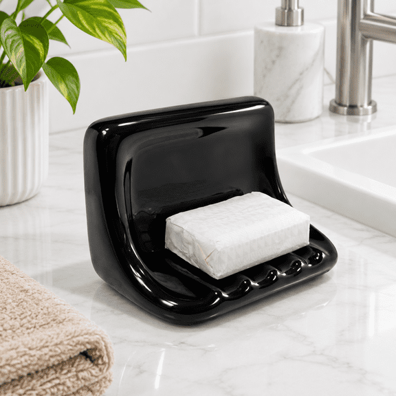 Black Ceramic Tile Mid Century Modern Retro Shower Soap Dish Tray
