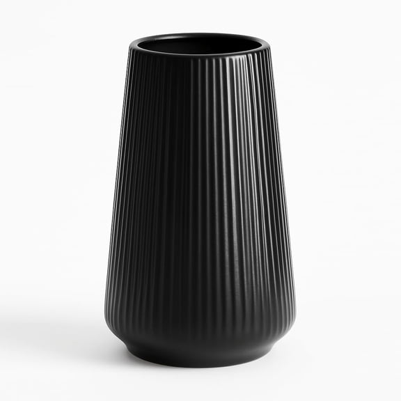 Black Ceramic Vase  8 Inch Flower For Pampas Grass Modern Ribbed Decorative With Narrow Opening Living Room Table Shelf Decor