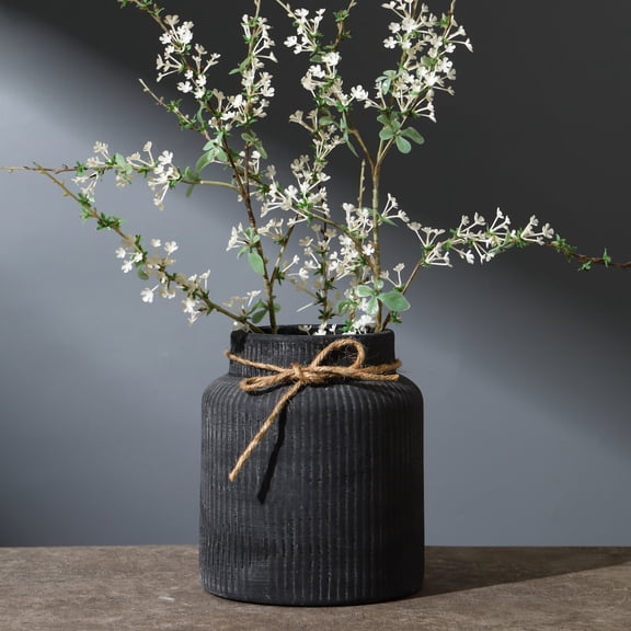 Black Ceramic Vase, Large Decorative Vase for Flowers, Farmhouse Terracotta Vases for Home Decor, Rustic Vintage Vases for Living Room, Kitchen, Bedroom, Office, Coffee Table, 18CM